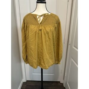 Old Navy Smocked Peasant Top 2X Mustard Yellow Boho Long Sleeve Blouse Plus Size